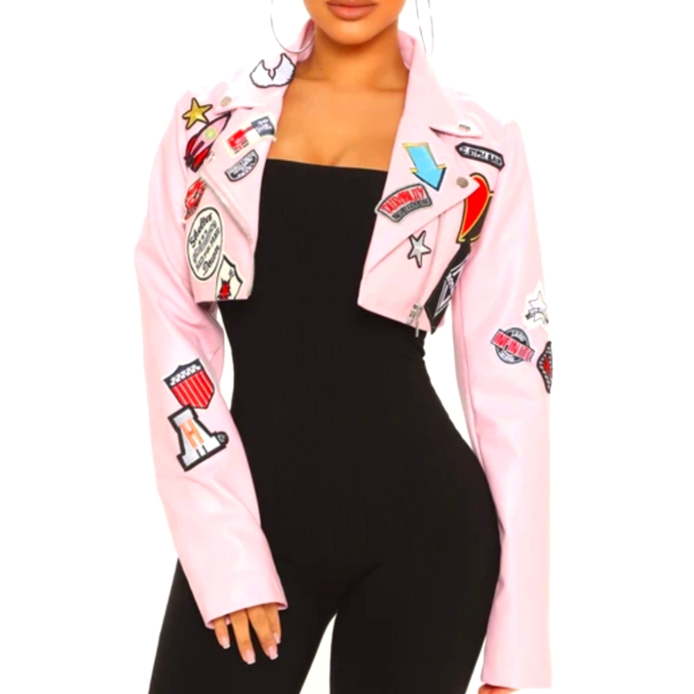 Stylish Pink Cropped Jacket with Patches